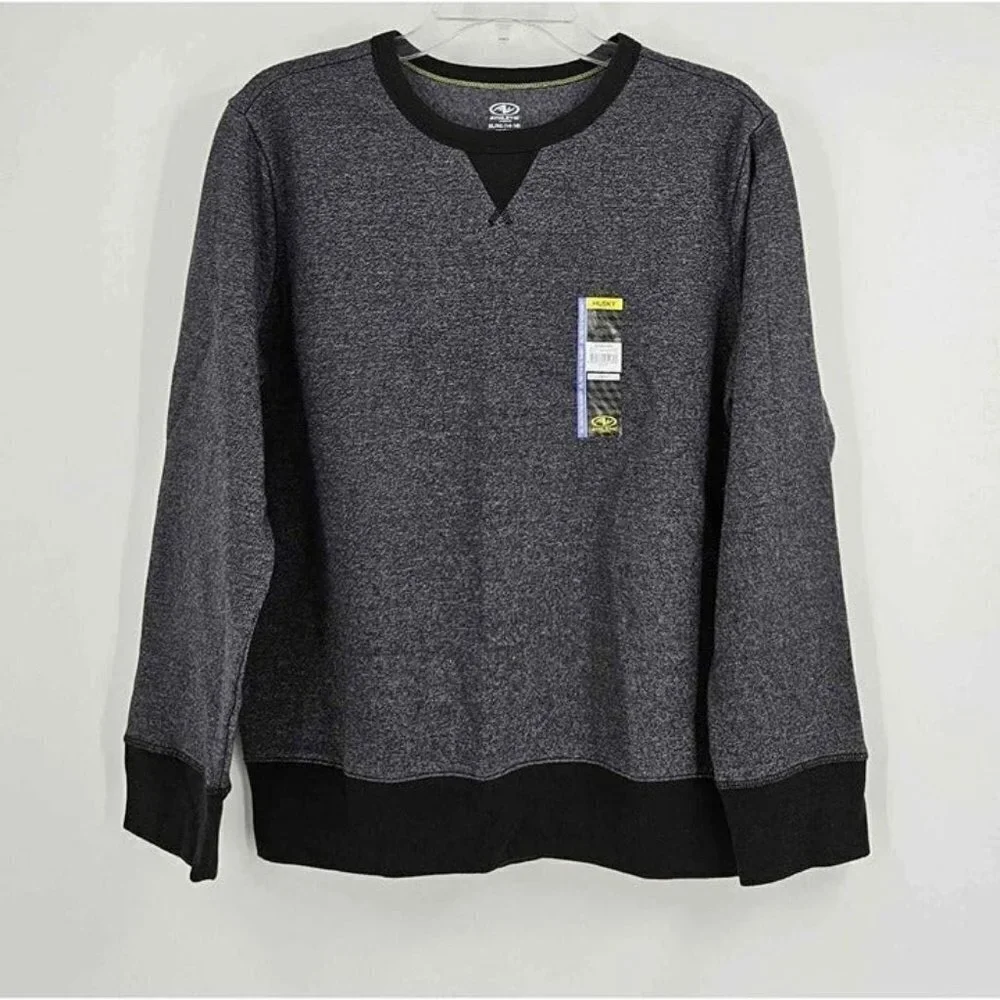 New Athletic Works Boys Fleece Crew Black Gray Sweatshirt Sz XL (14-16) Husky